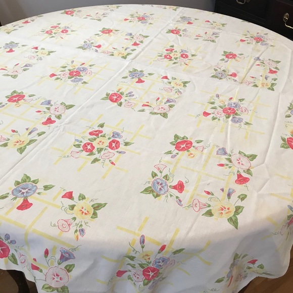 Other - Vintage Tablecloth red, blue, yellow petunias,
